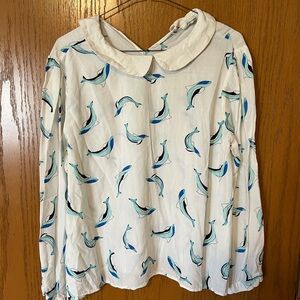 Local European White Dolphin Print Peter Collar Blouse